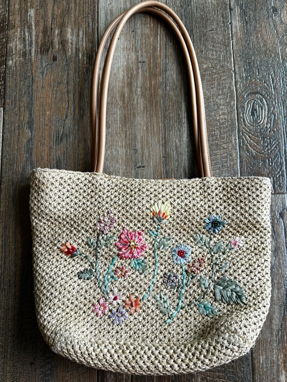 Vintage Bohemian Floral Embroidery Straw Shoulder Purse Bag Cottagecore Hippie - Picture 1 of 5